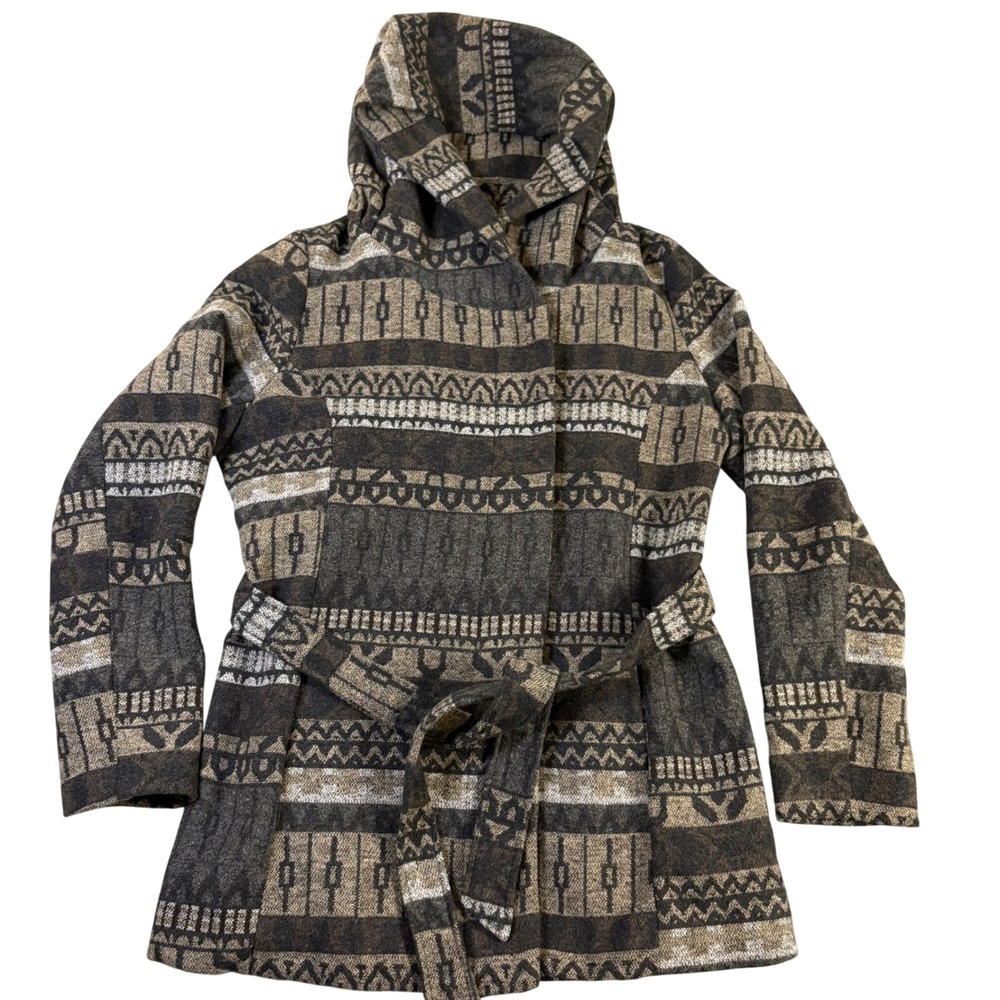 Mossimo Womens XL Southwestern Aztec Coat Hooded Belted Wool Blend Boho Brown